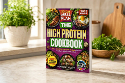 Softcover High Protein Cookbook on a kitchen counter with warm natural light