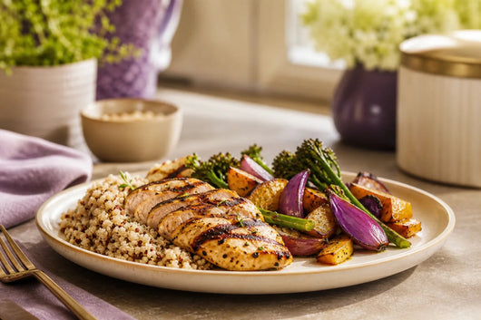 Plated high-protein meal on a cream ceramic plate