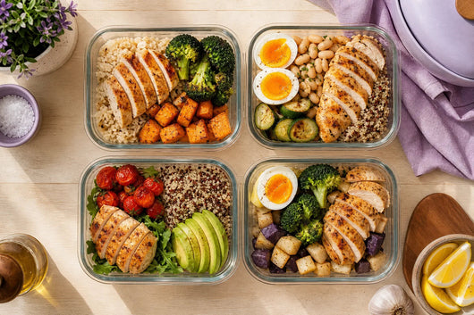 Meal prep containers with balanced high-protein portions