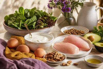Fresh high-protein ingredients on a kitchen counter
